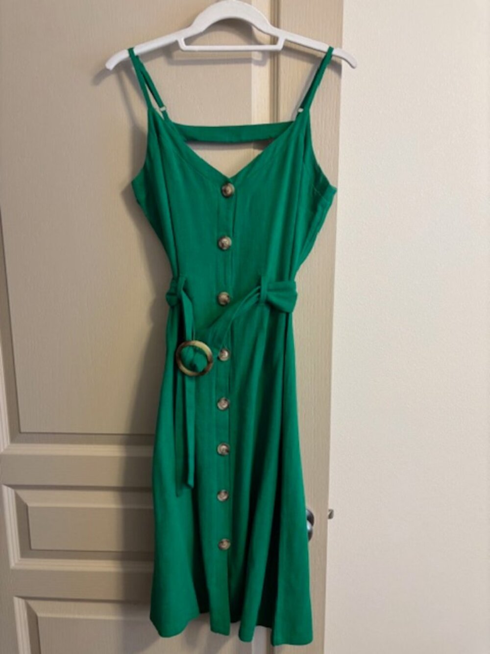 Lily White Women's S Rayon/Linen Green Button Front Self Belt A-Line Dress